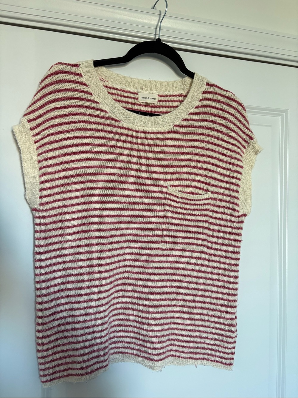 Thread & Supply Pink and Cream Striped Knit Short Sleeve Sweater